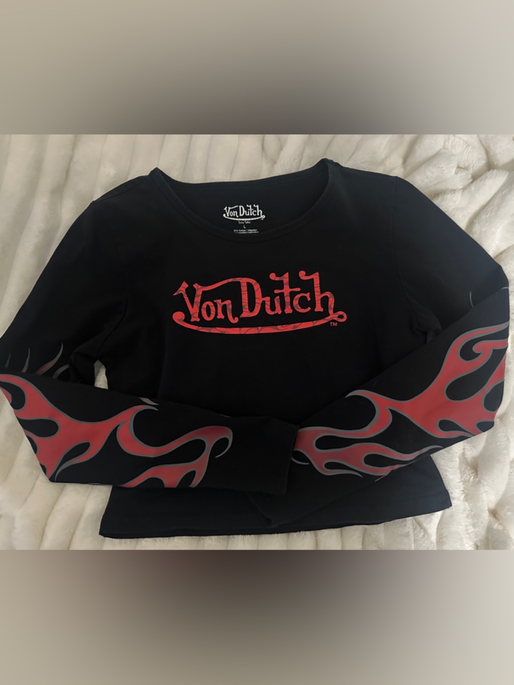 Von Dutch Black Crop Top with Red Logo and Flame Sleeves